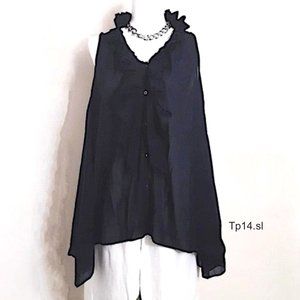 JEWEL CHANGES Navy Blue A-Line Top Ruffled V-Neckline Button Front Sleeveless